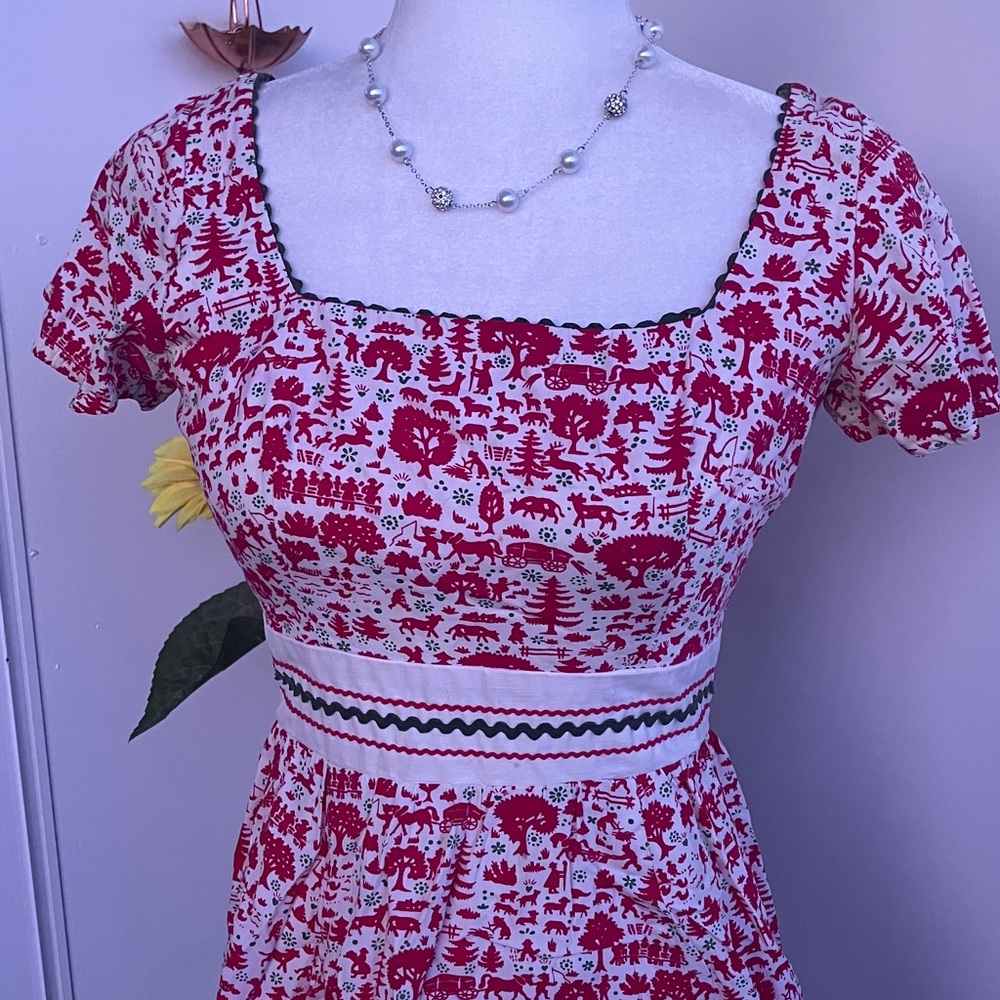Vintage 60s 70s Lanz Original Countryside Novelty Print Red, Cream,& Green Dress - Picture 2 of 12